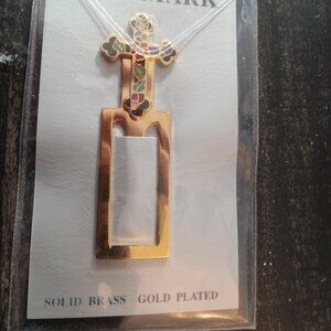 Vintage Cloisonné Enamel Cross Solid Brass Gold Plated Bookmark Multicolor